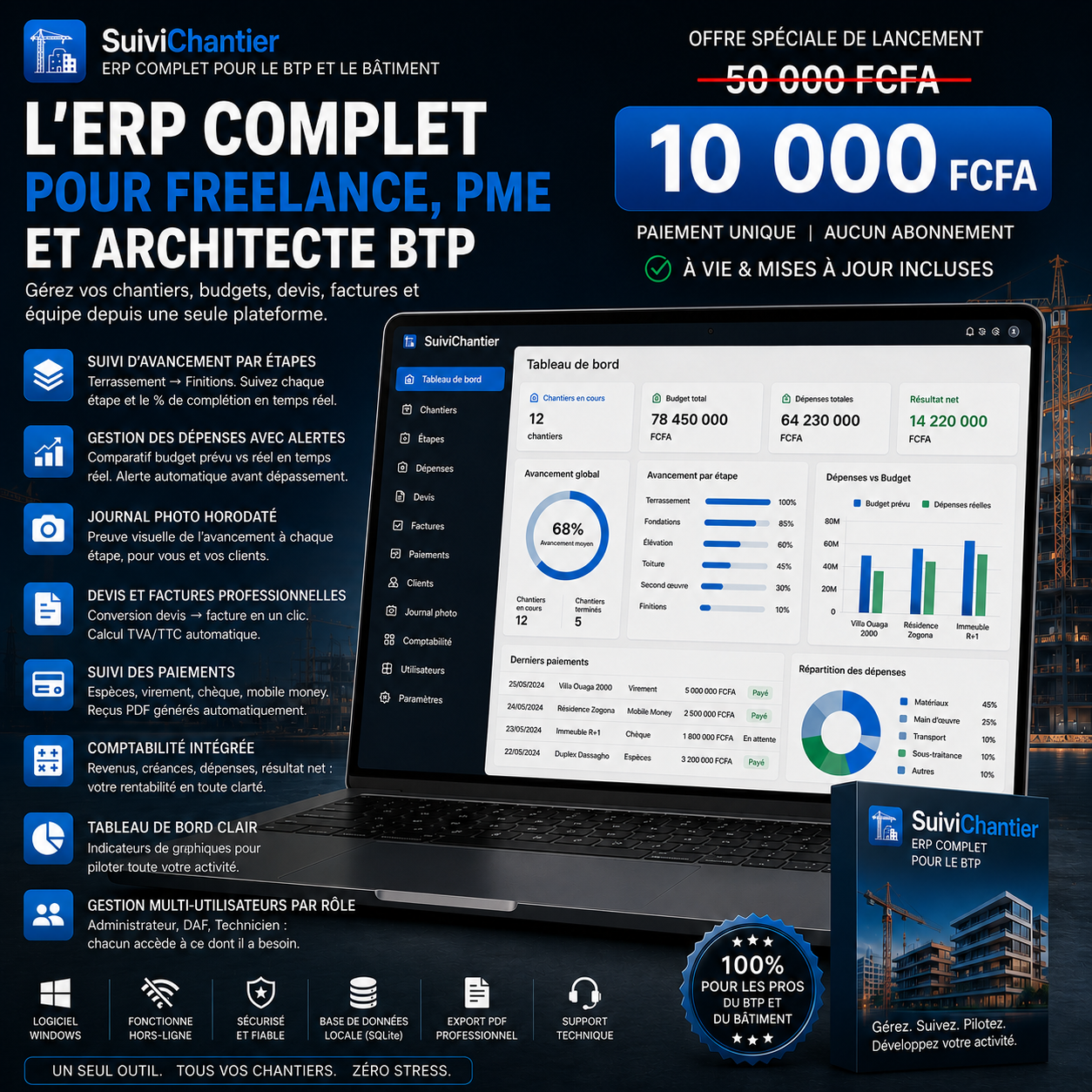 ERP COMPLET - Logiciel de suivi chantier - gestion BTP & Architecture - Freelance